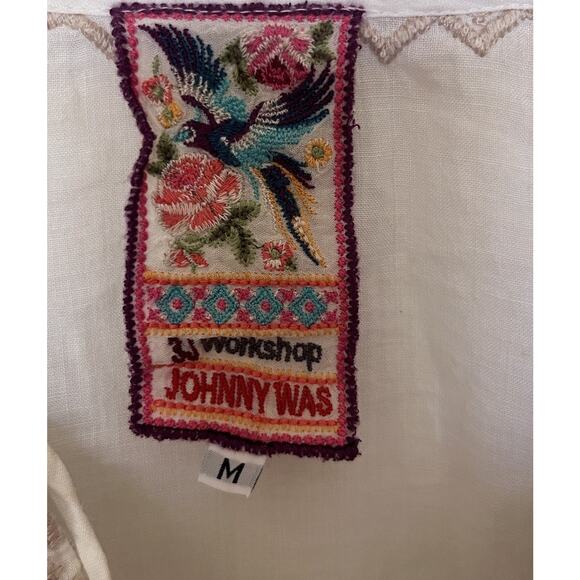 Johnny Was 3J Workshop White Blue Beige Embroidered Kaftan Dress Size Medium - Picture 9 of 10